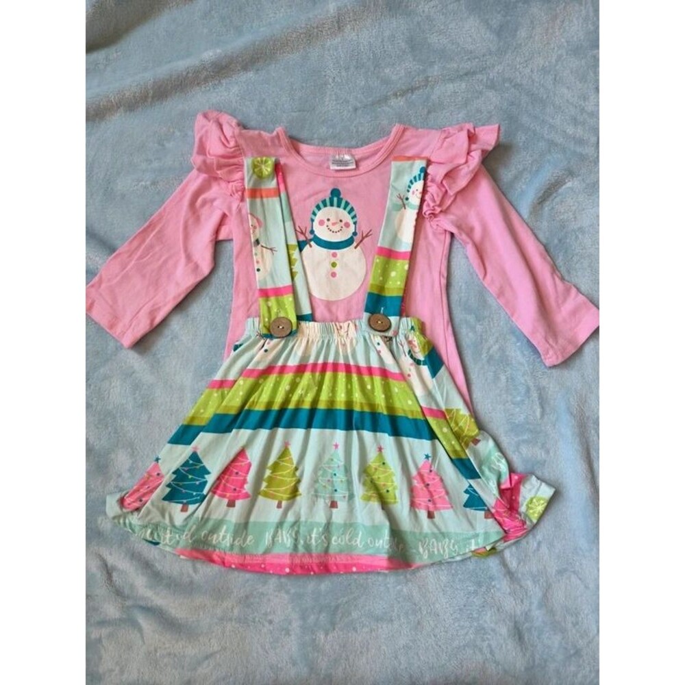 Girls Christmas Snowman & Tree Pinafore Dress Set